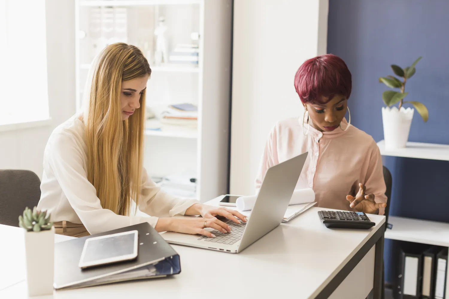 Accountant working through calculations with a colleague