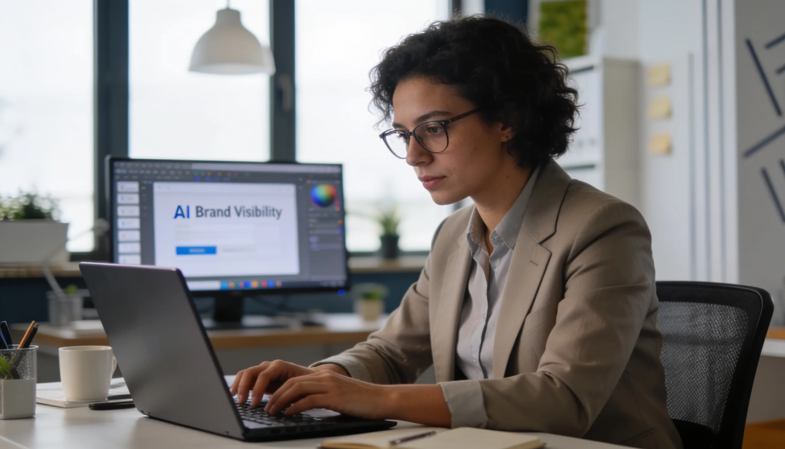 Professional using AI tools on a laptop to check brand citations