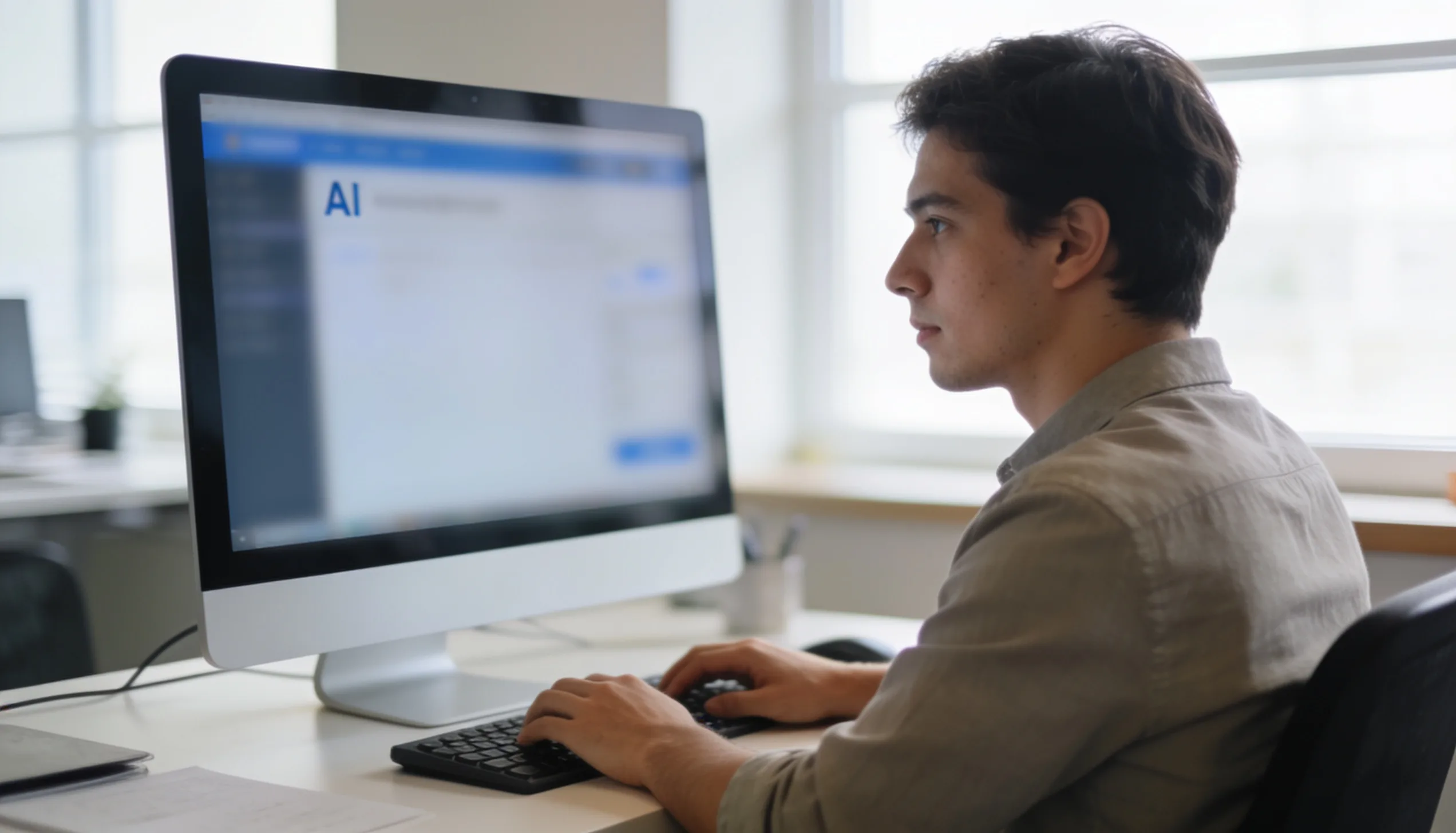 Person using an AI answer engine on a desktop computer