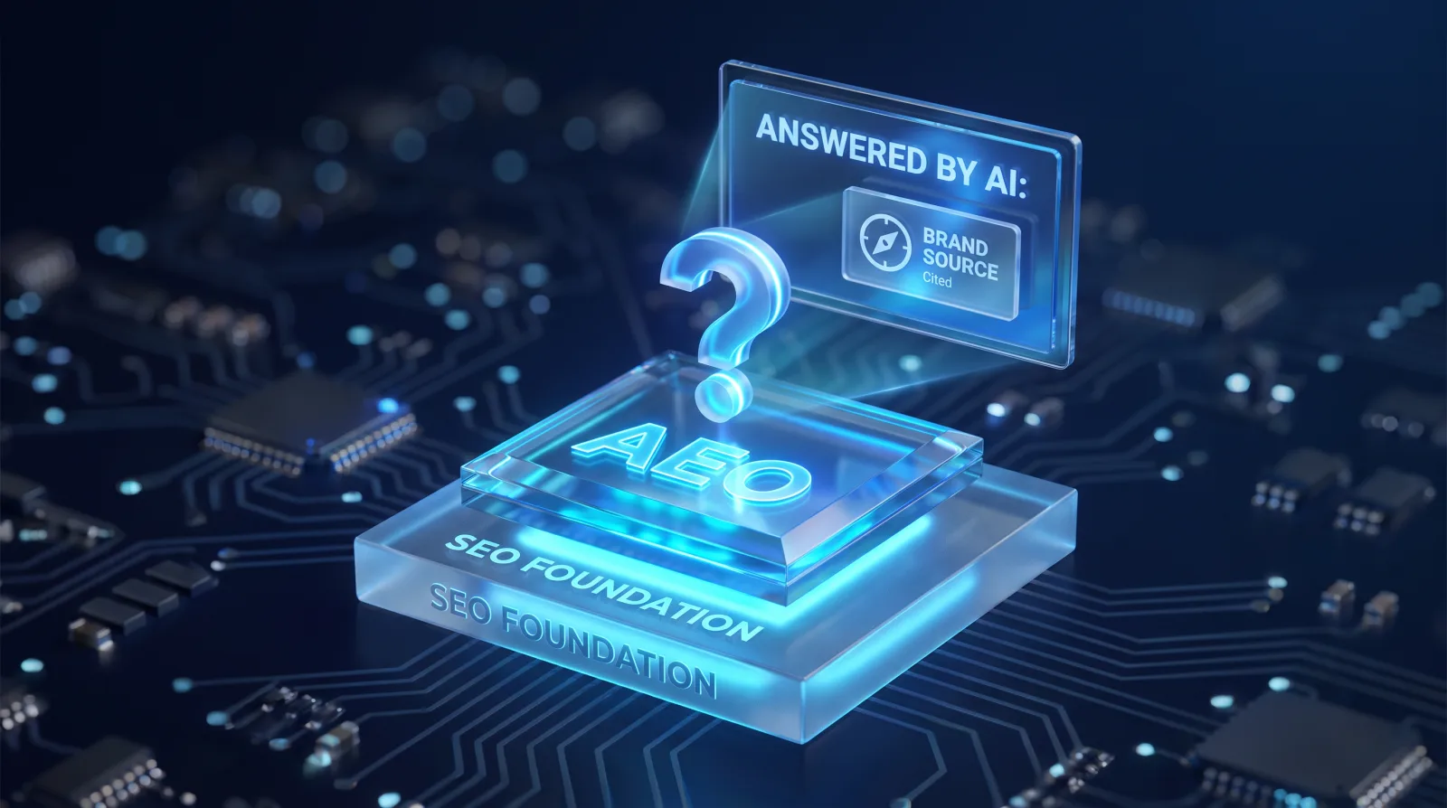 Illustration of AEO built on SEO foundations feeding a cited AI answer