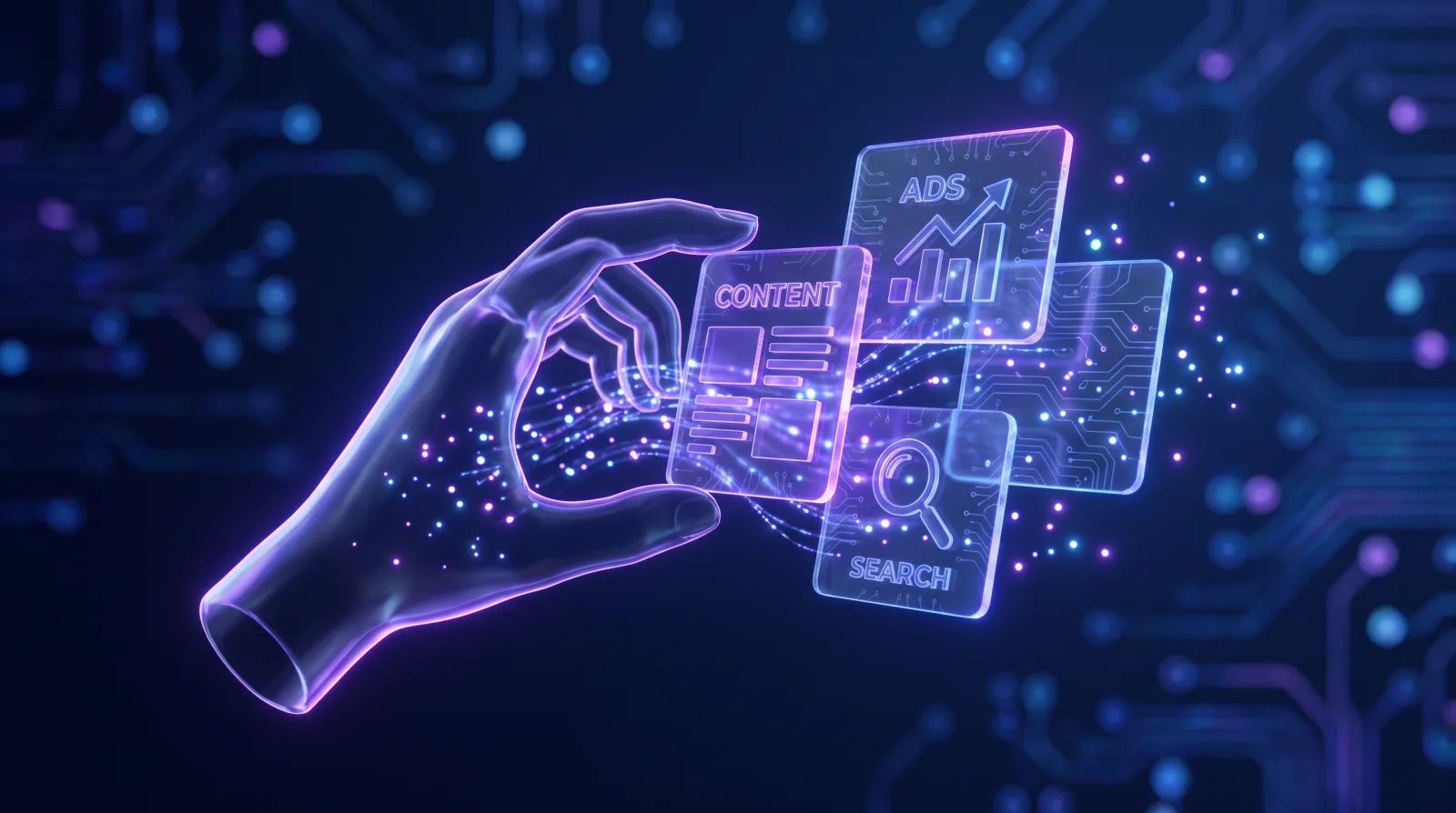 Illustration of AI assisting a marketer with content, ads and search optimisation