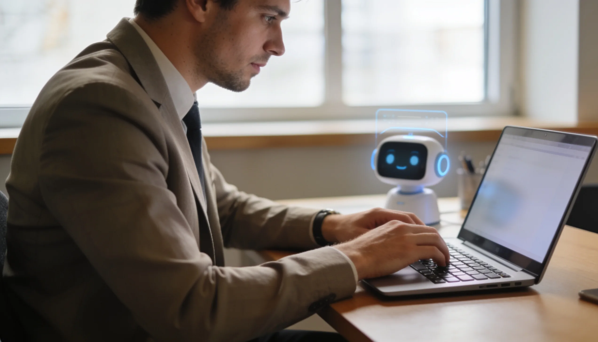 Account manager using an AI assistant tool on a laptop
