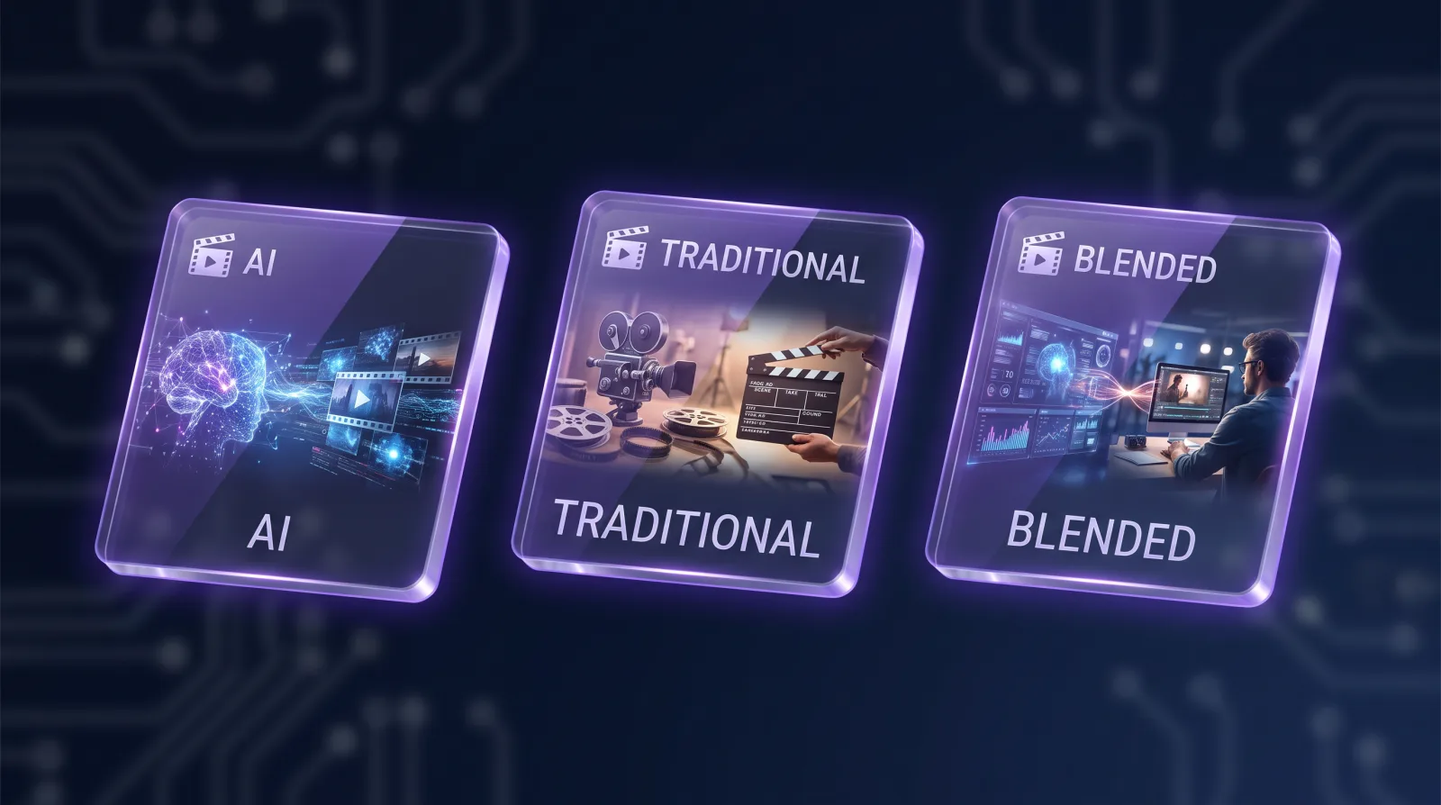 Illustration comparing AI, traditional and blended video production