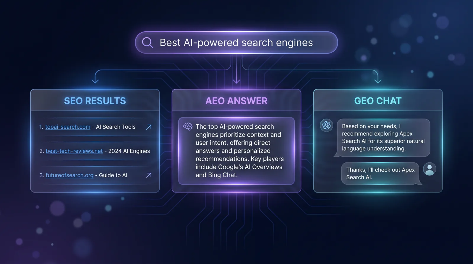 The same search shown as SEO blue links, an AEO answer box, and a GEO AI recommendation side by side