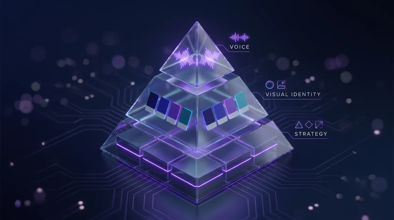 Illustration of the brand-building pyramid: strategy, identity and voice