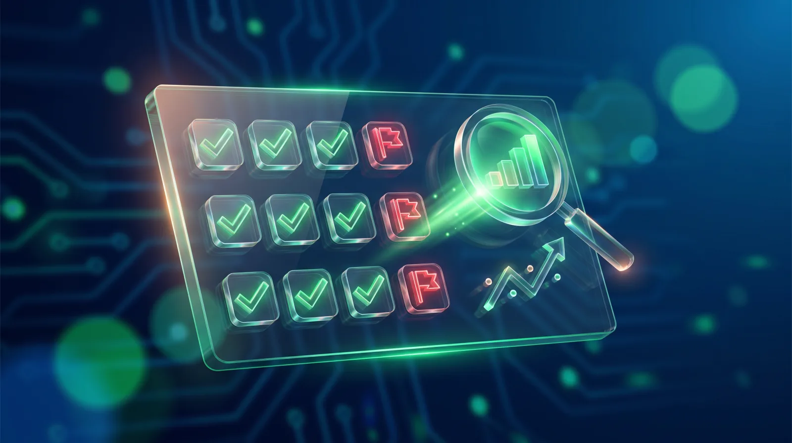 Illustration of an SEO agency scorecard with green ticks and red-flag warnings