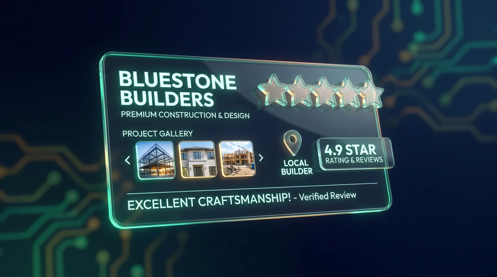 Illustration of a construction firm’s Google Business Profile with a project gallery and reviews