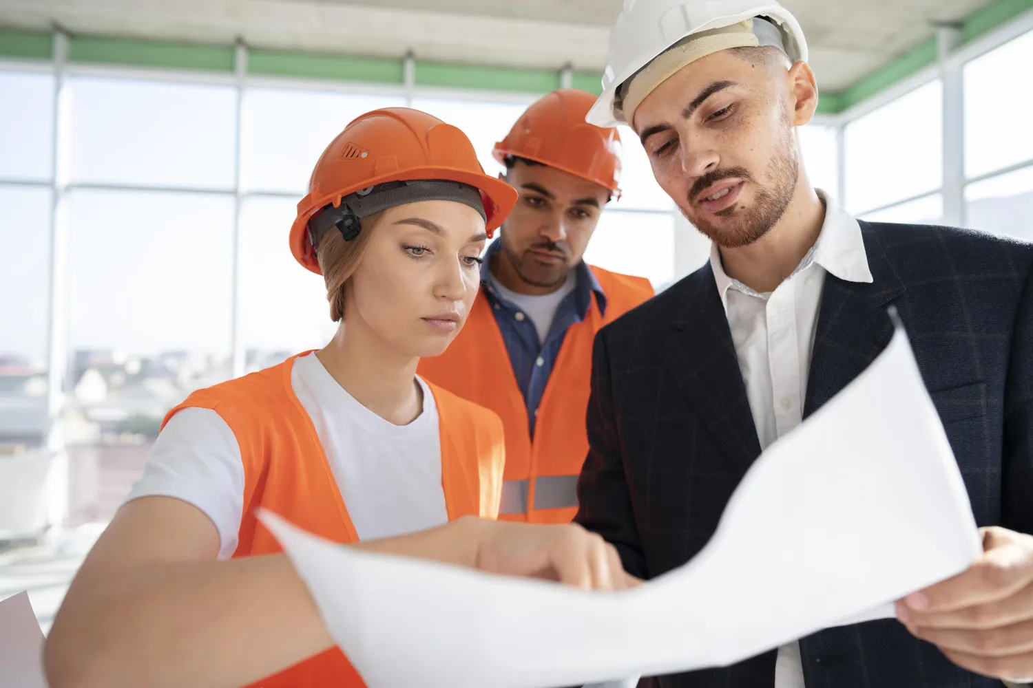 Builder and architect with plans on a site