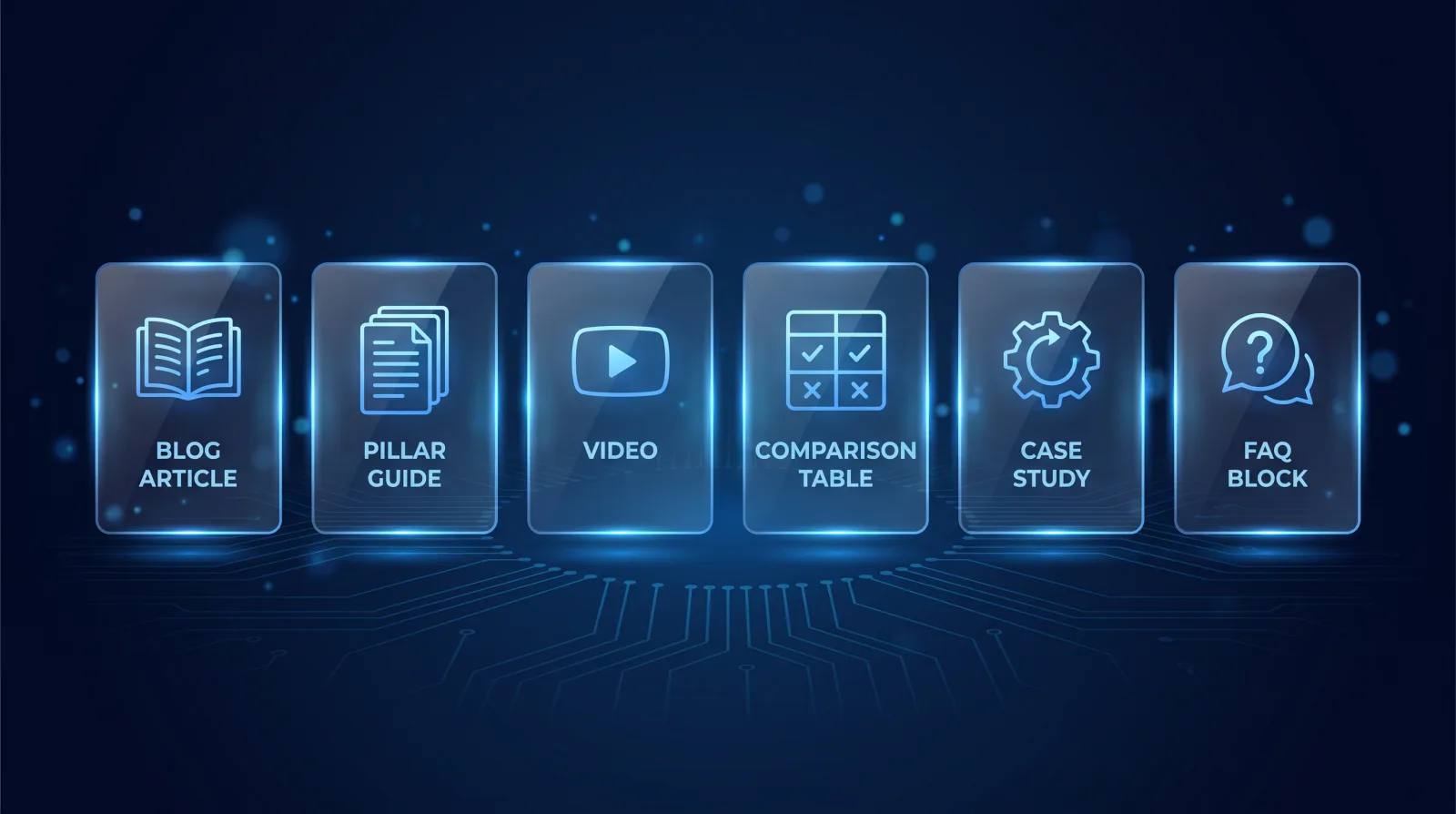 The mix of content types in a content strategy: blog articles, pillar guides, video, comparisons, case studies and FAQs