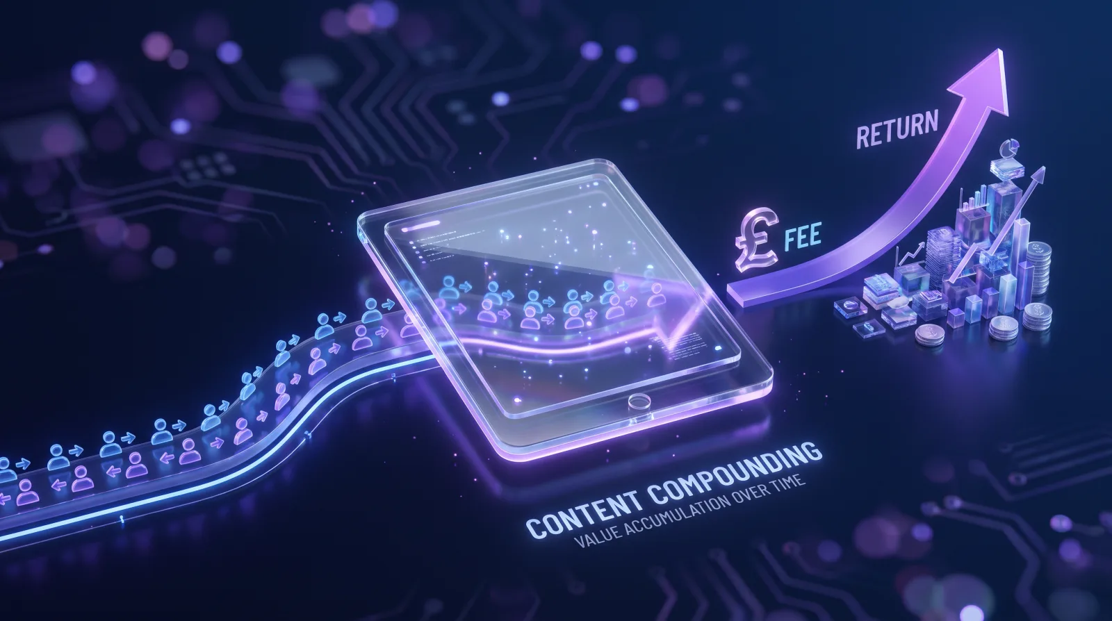 Illustration of content compounding in value over time against its fee