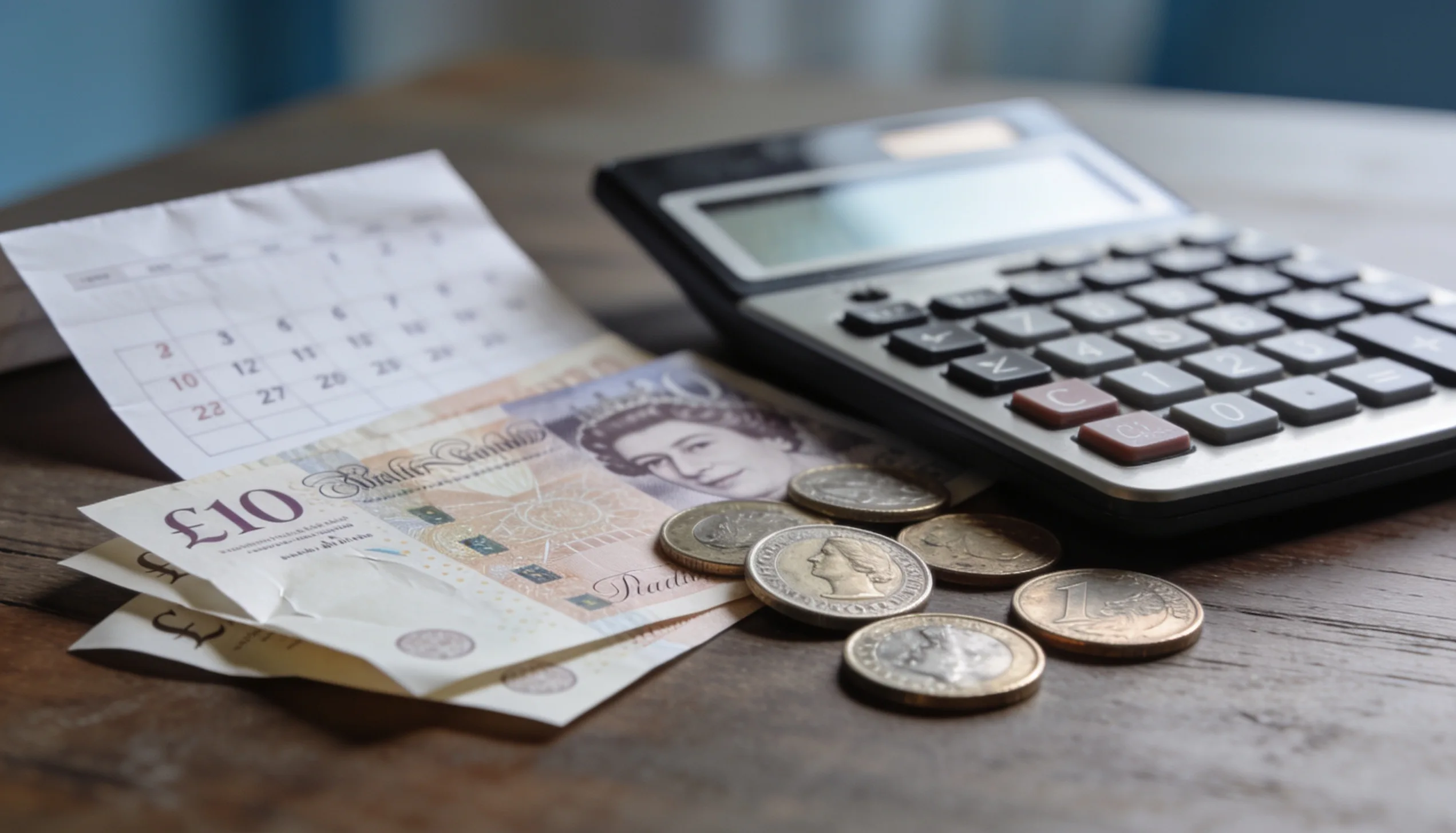 Desk with a calculator, cash and calendar representing an SEO budget