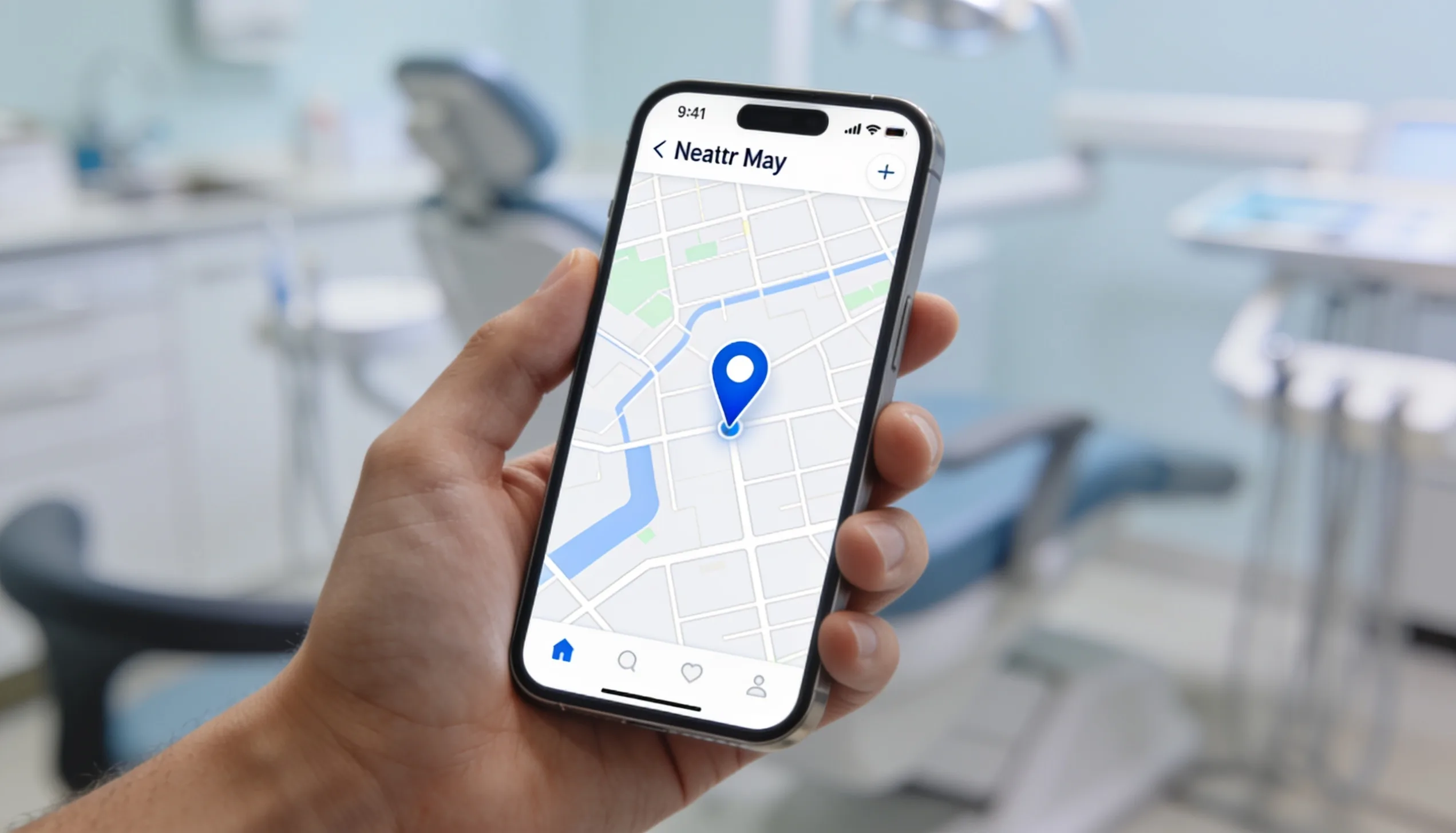 Smartphone showing a near-me local search with a highlighted dental clinic