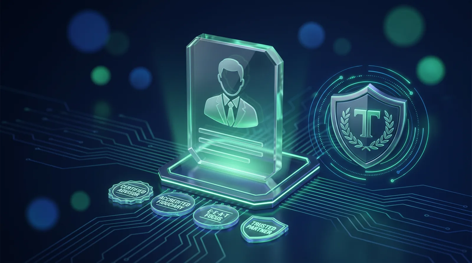 Illustration of a financial adviser profile with credentials and a trust shield