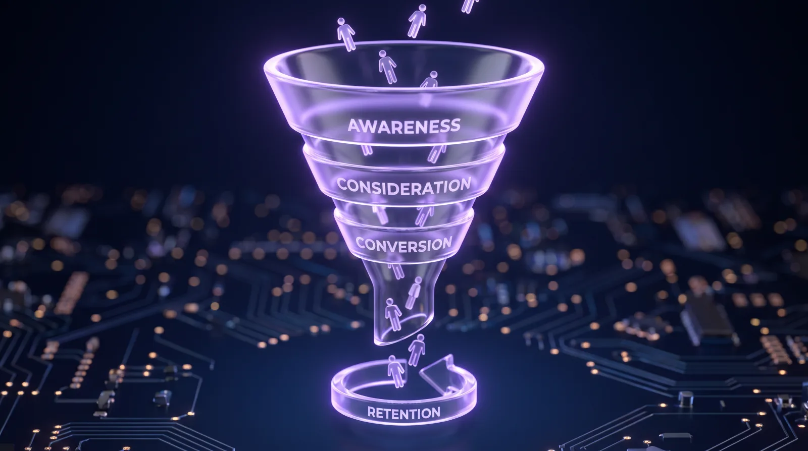 Illustration of the awareness, consideration, conversion and retention funnel stages