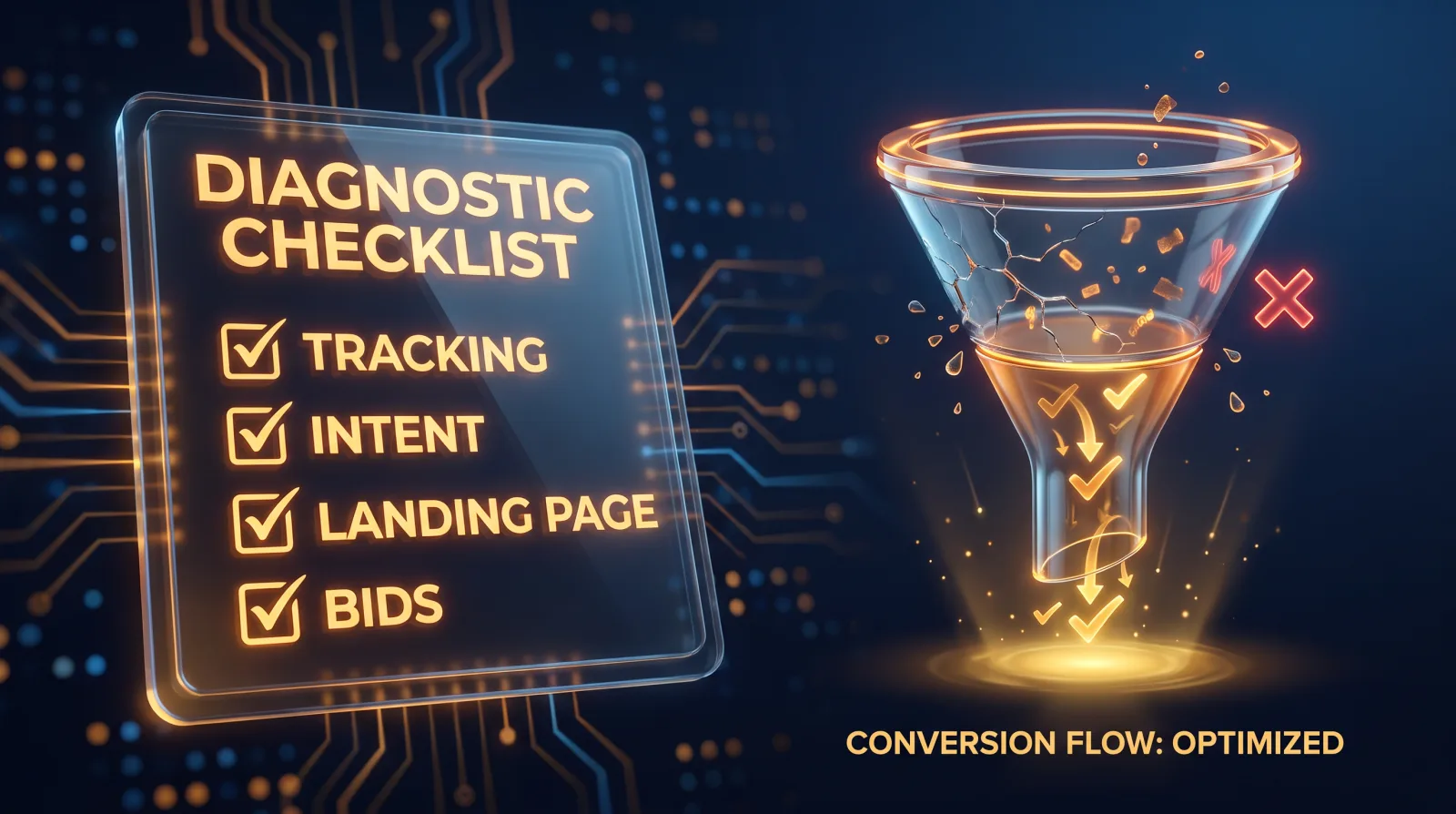 Illustration of a diagnostic checklist fixing a conversion funnel