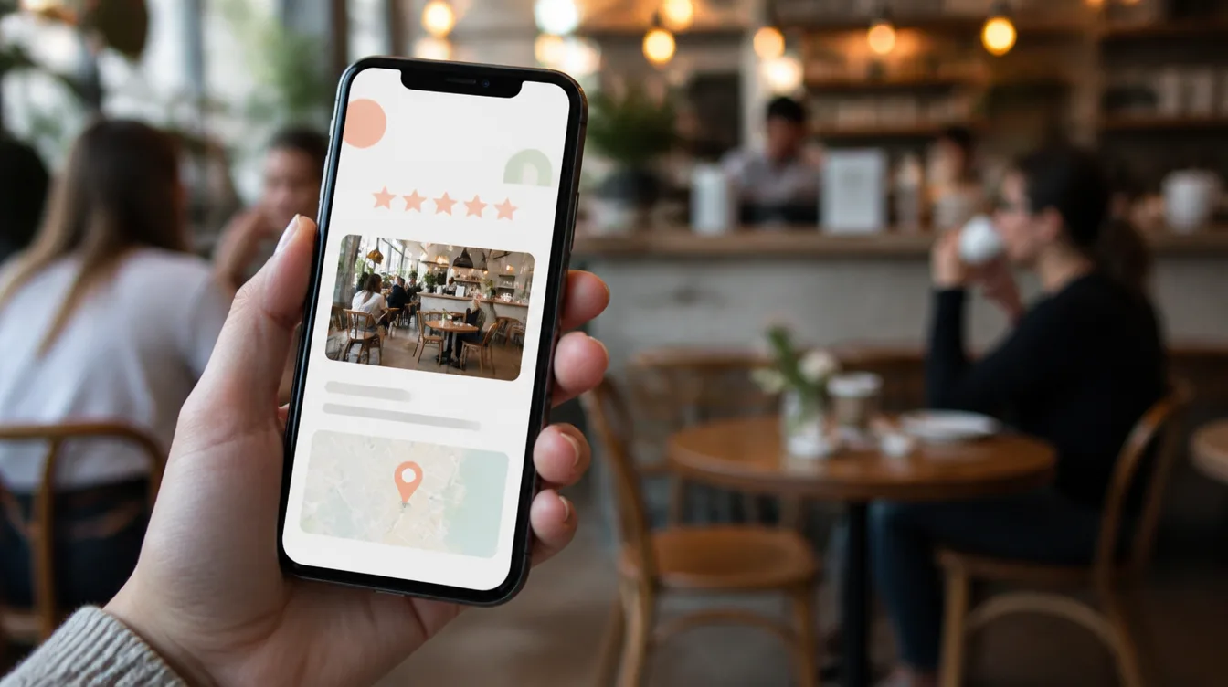 Google Business Profile card showing reviews, photos, hours and a location pin
