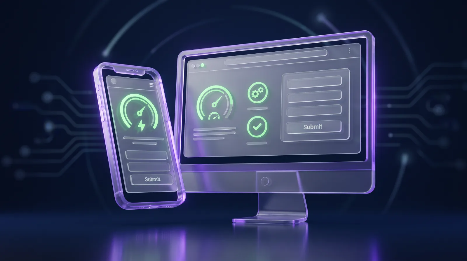 Illustration of a fast mobile-first website with green Core Web Vitals and a conversion form