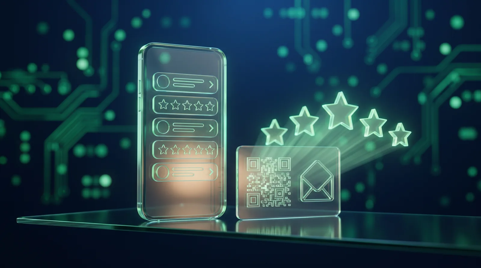 Illustration of a review request flow via text, QR code and email with five stars