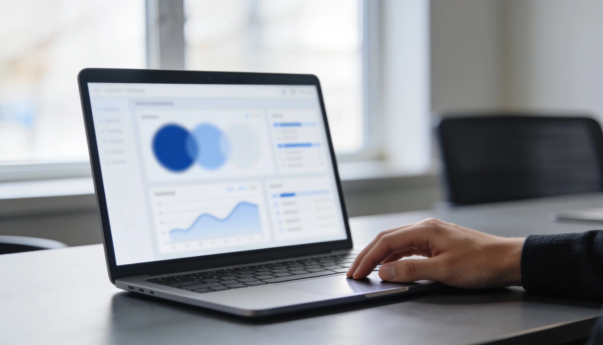 Laptop showing an SEO performance dashboard with monthly progress metrics