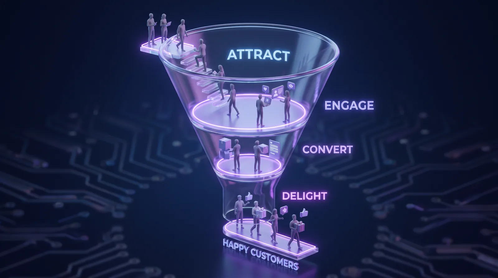 Illustration of the inbound marketing journey: attract, engage, convert and delight