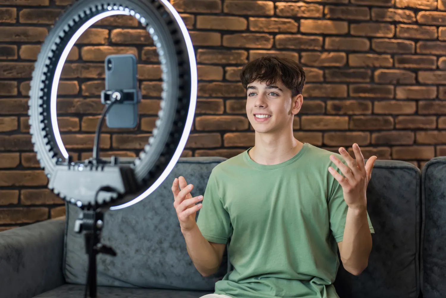 Influencer recording a review at home