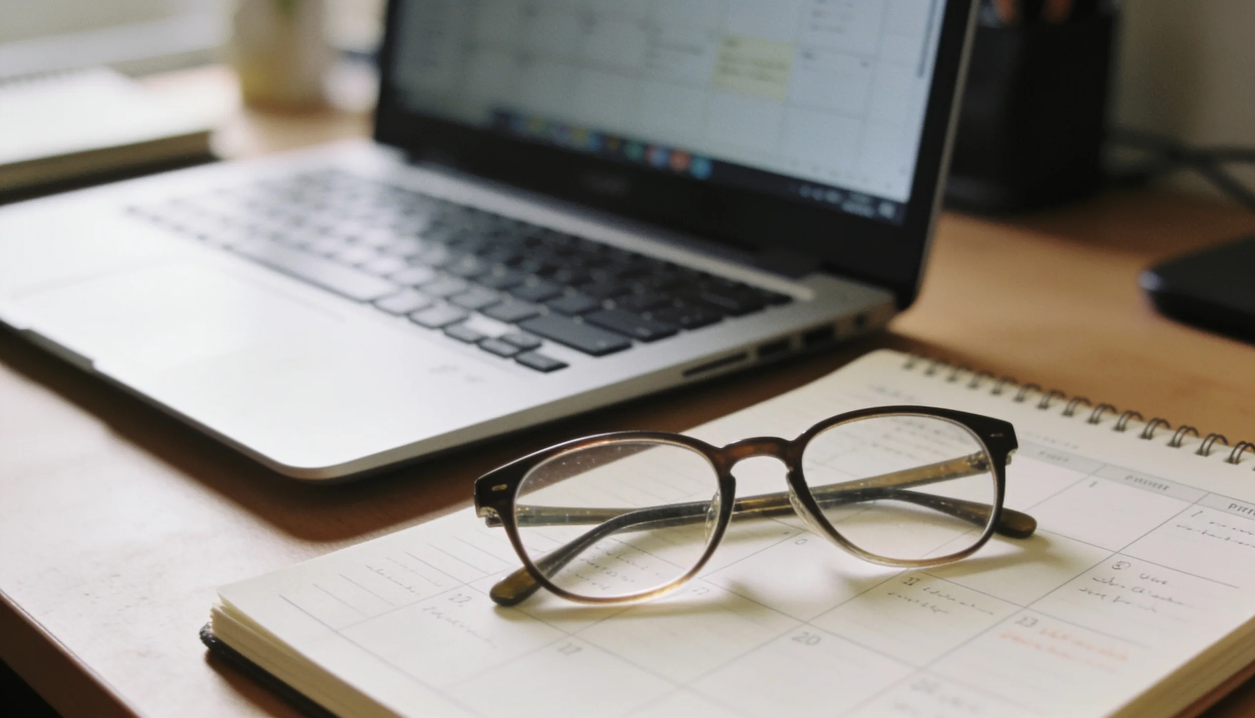 Laptop, notes and glasses on a desk used for planning keyword priorities