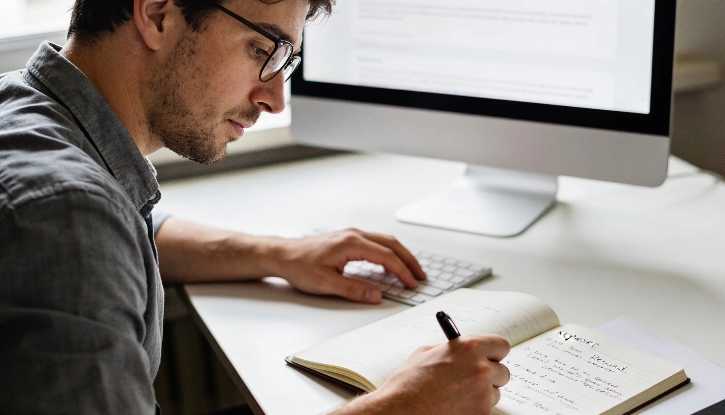 Marketer planning keyword research with notes and a computer