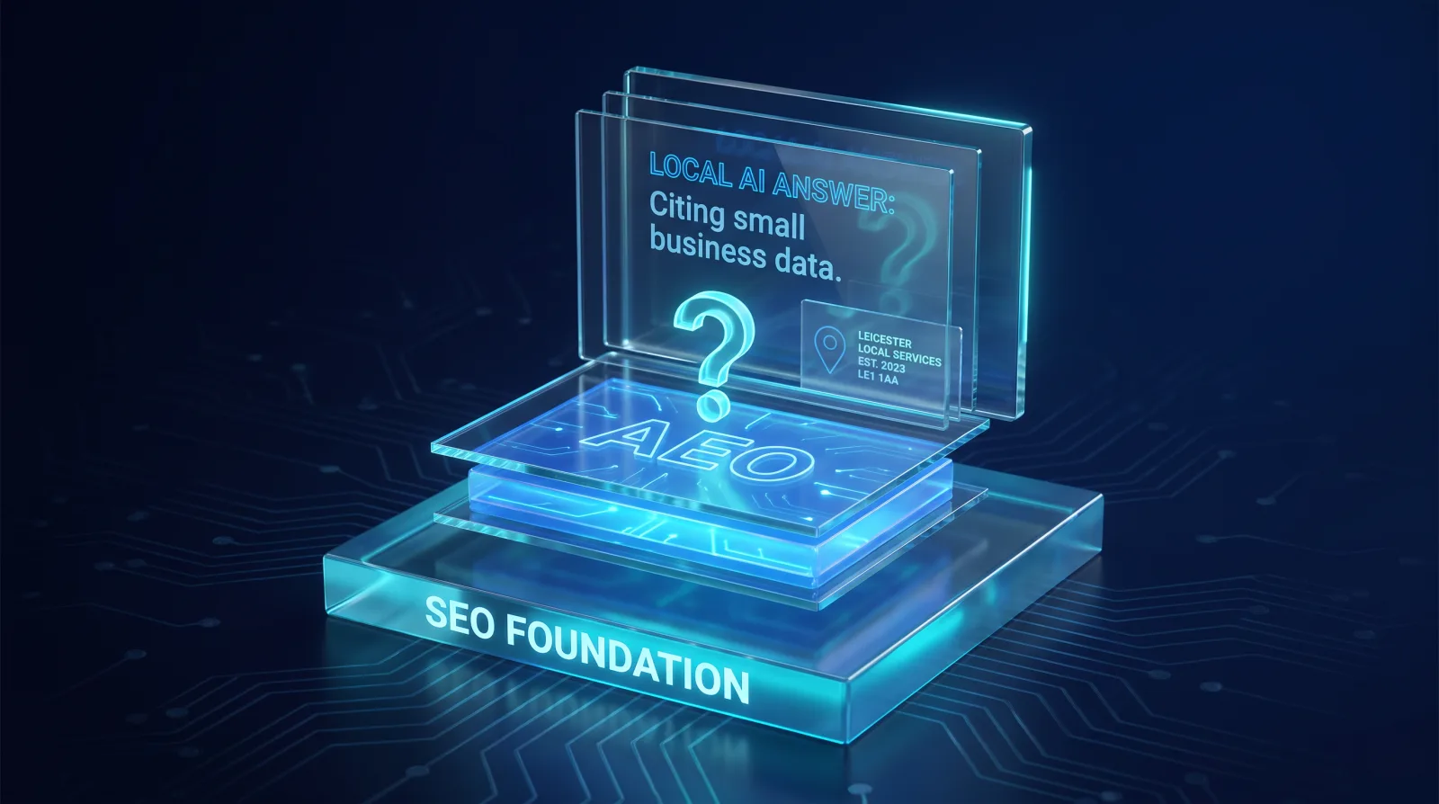 Illustration of a local AI answer citing a Leicester business, built on SEO foundations