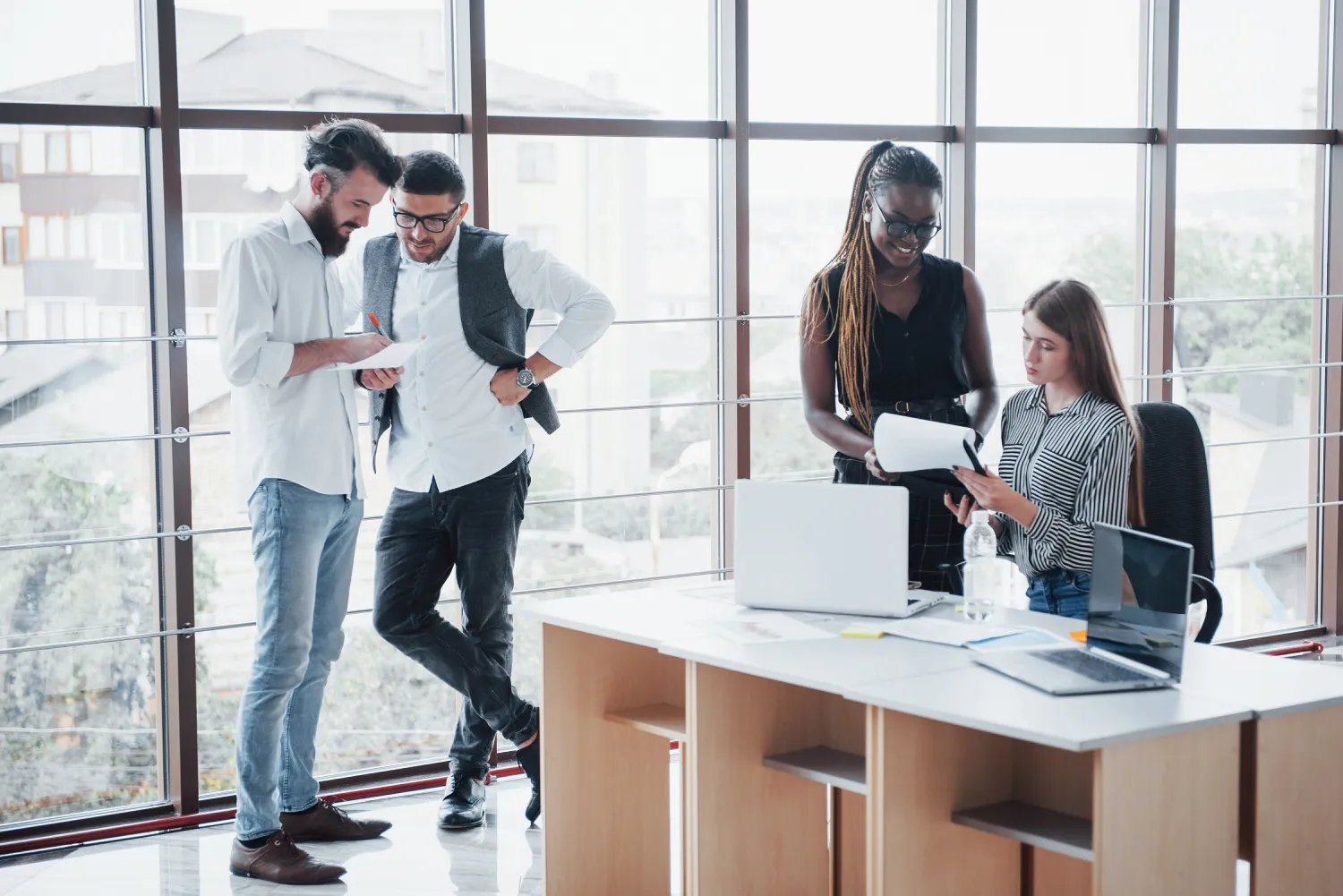Team discussing a project in an office