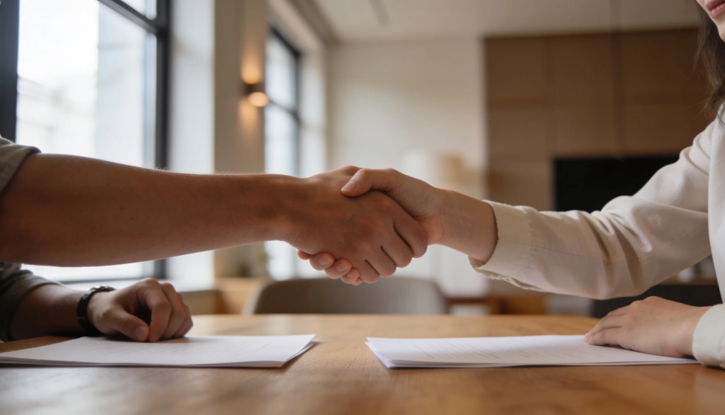 Two people shaking hands on a business agreement
