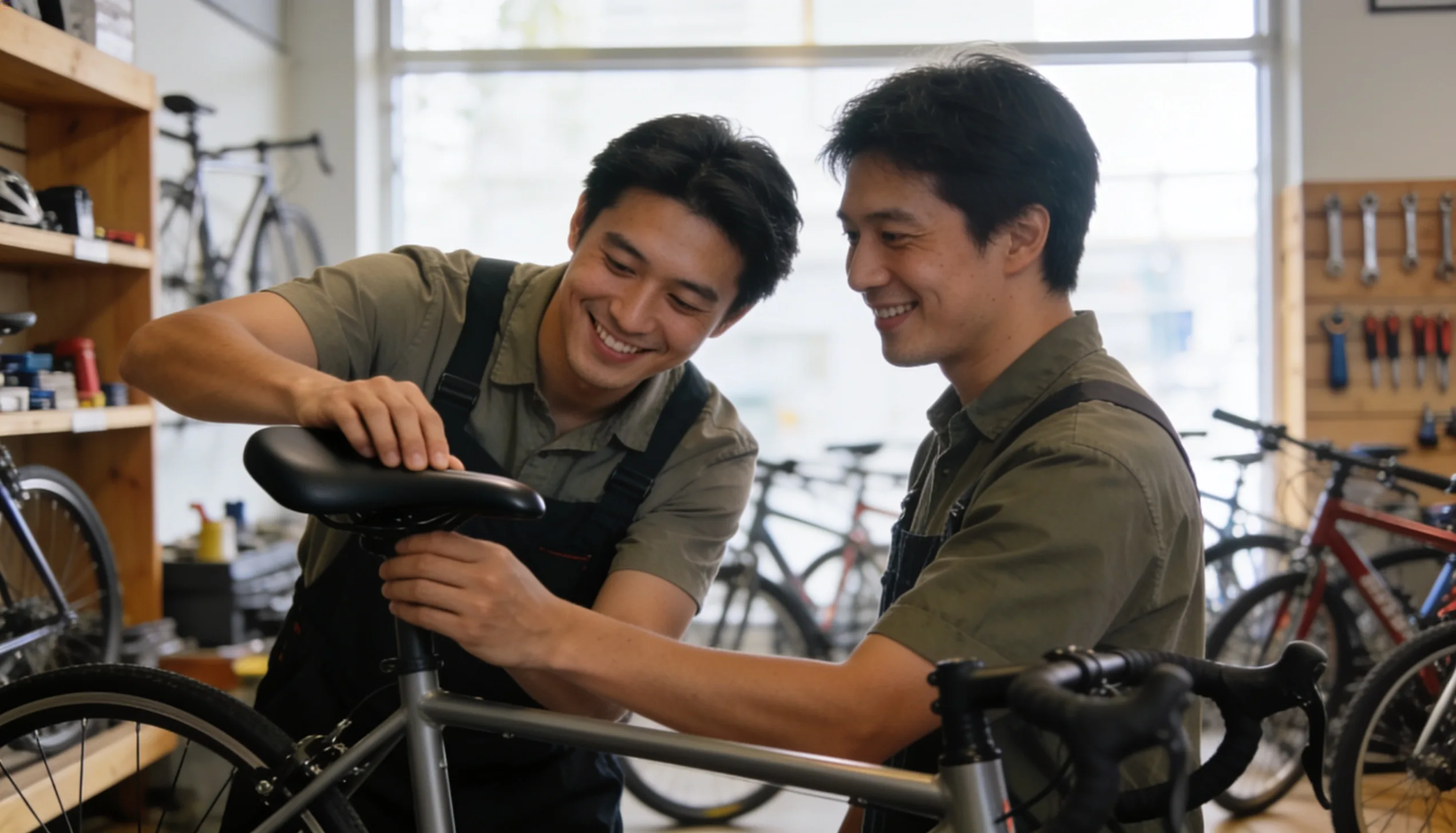 Local bike shop assistant serving customers in store