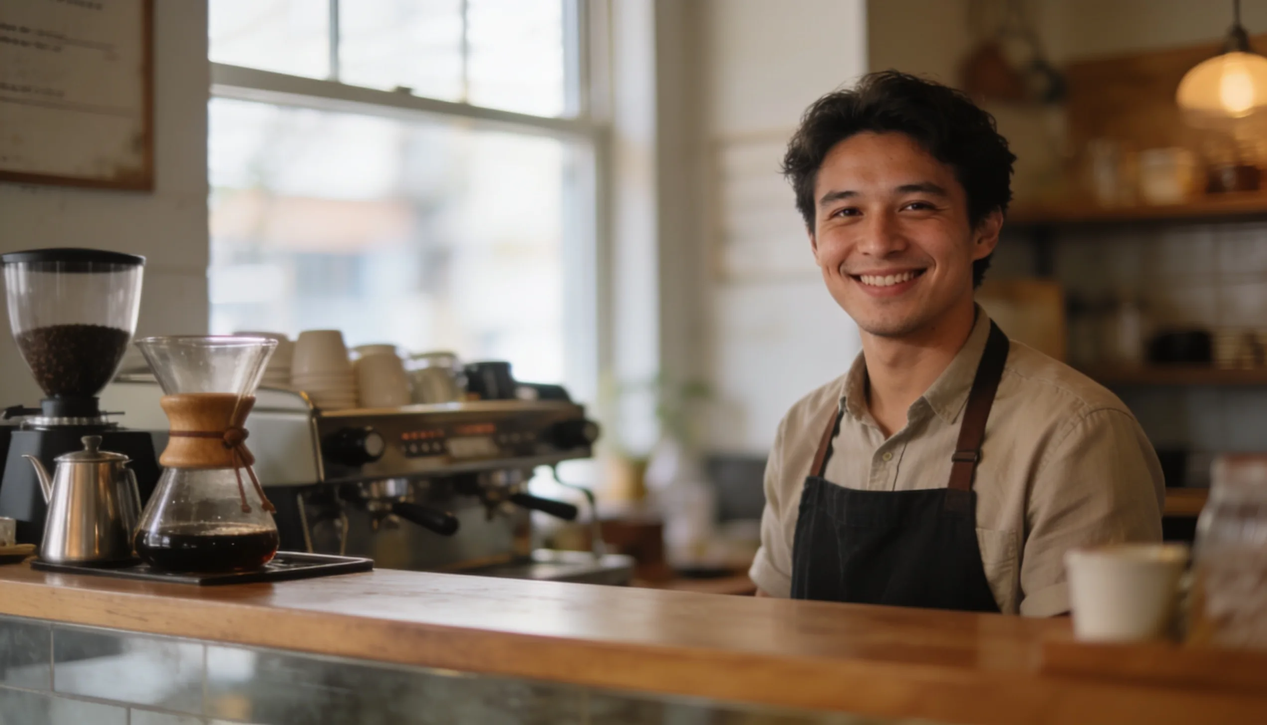 Small local coffee shop owner behind the counter of their business