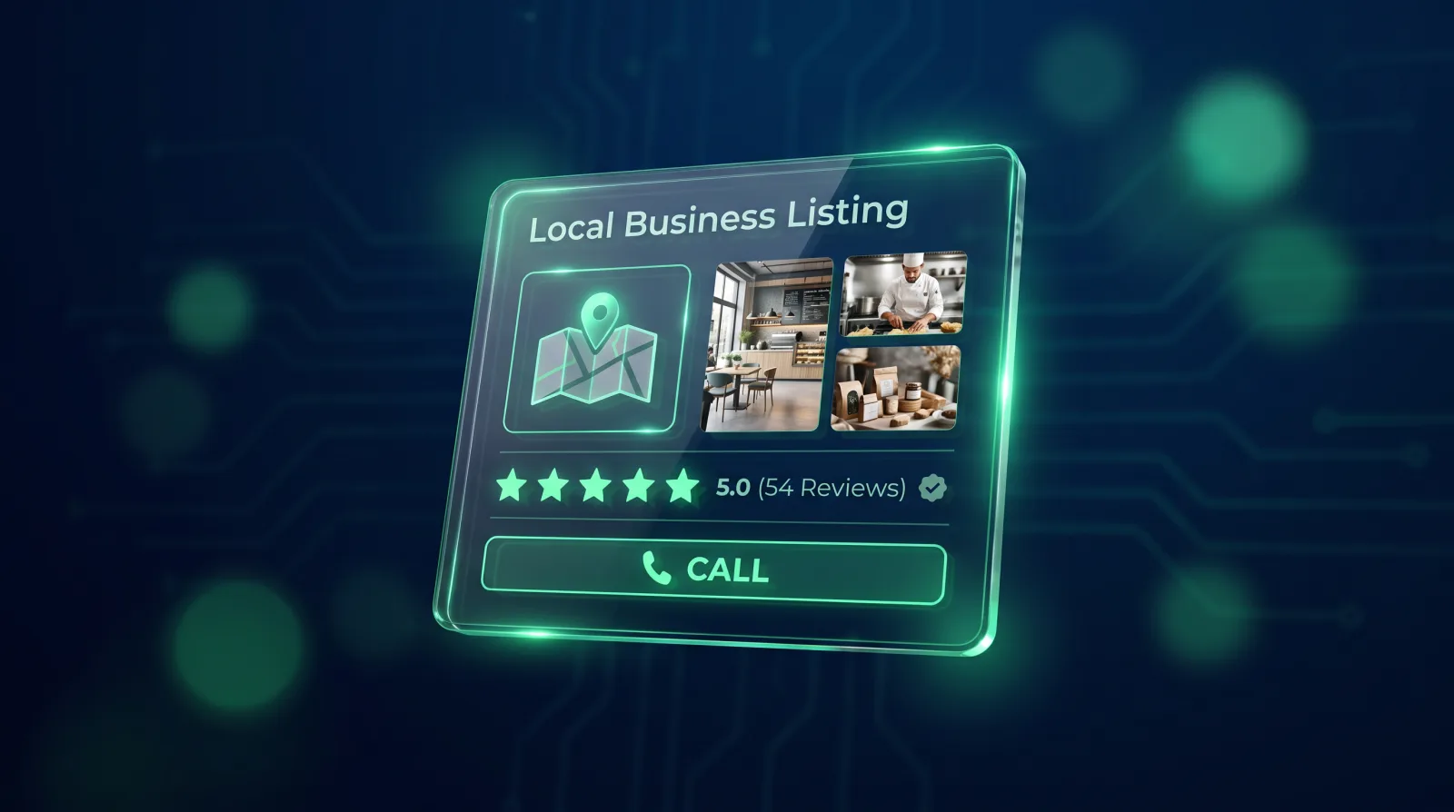 Illustration of an optimised local business listing with reviews and a call button