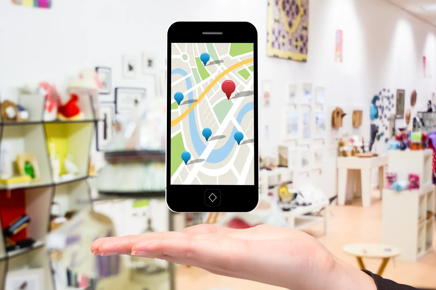 Smartphone showing a local map with business pins
