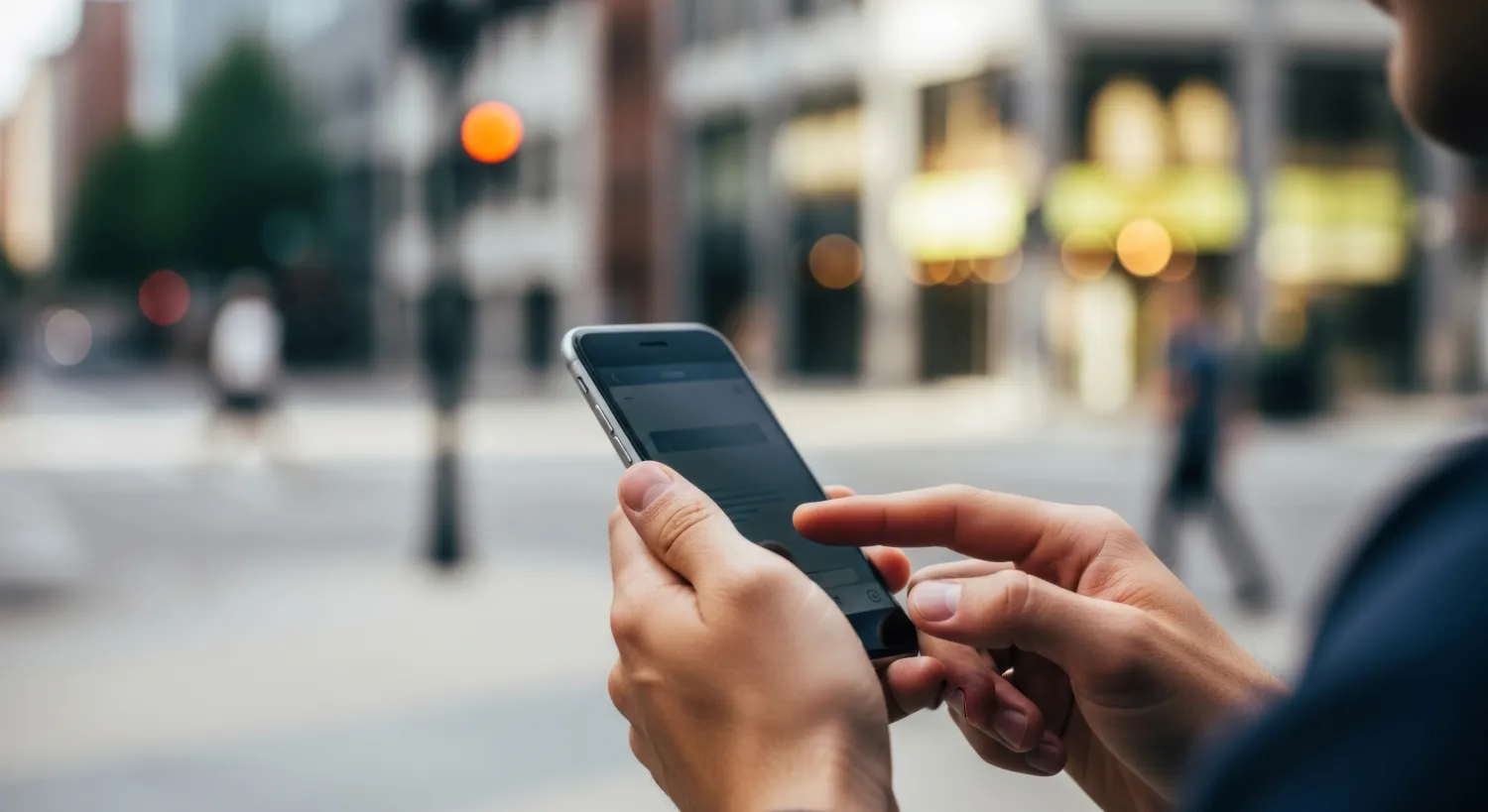 Person using a smartphone on a city street to find a nearby business