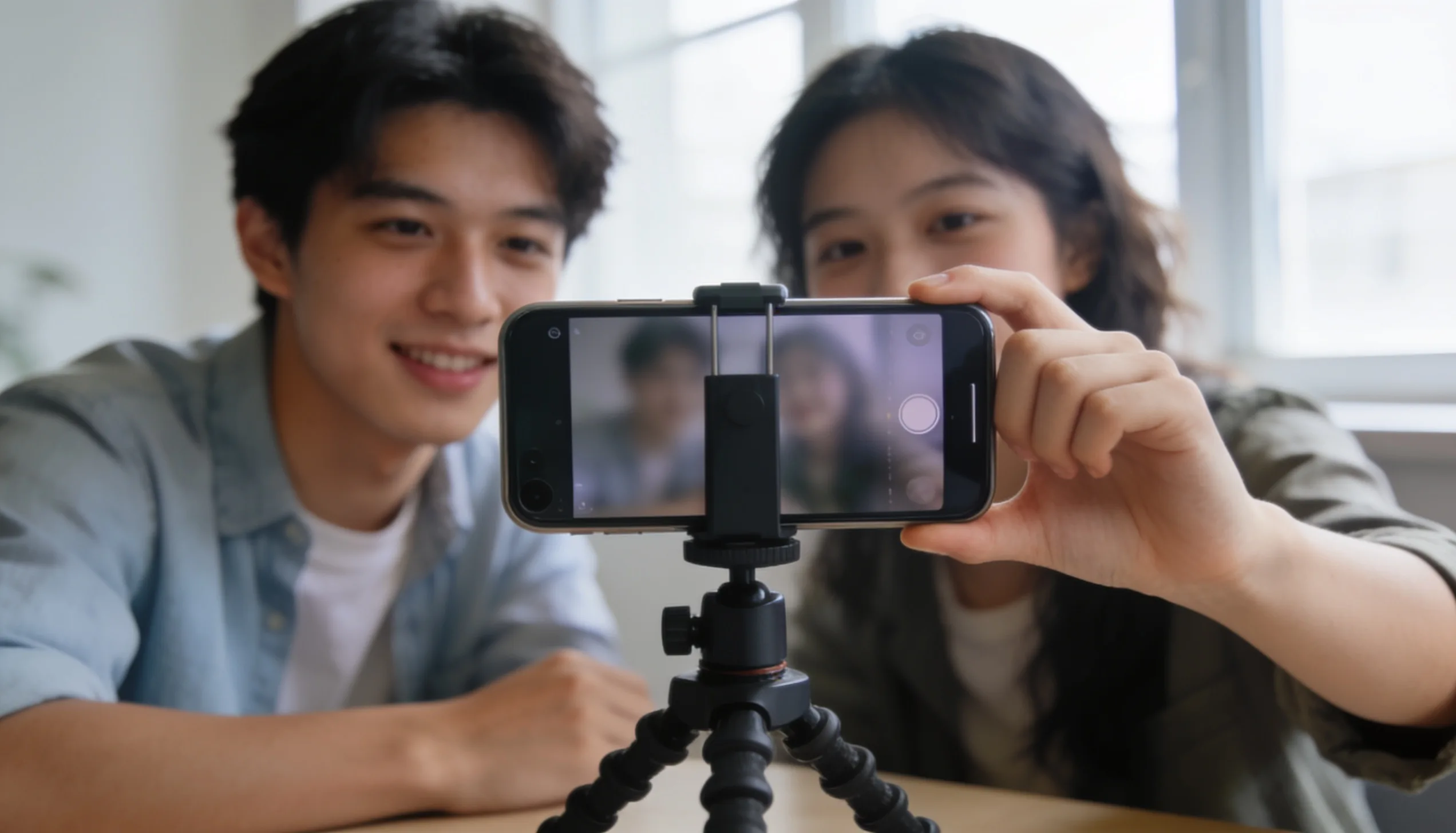 Young people creating short-form social video content on phones