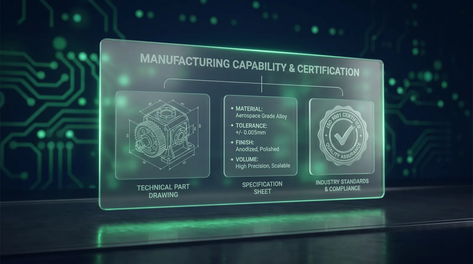 Illustration of a manufacturing capability page with a part drawing and certification badge