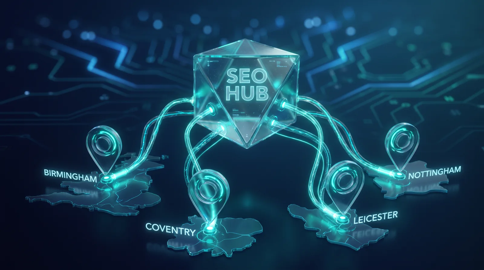 Illustration of an SEO hub connecting Midlands cities