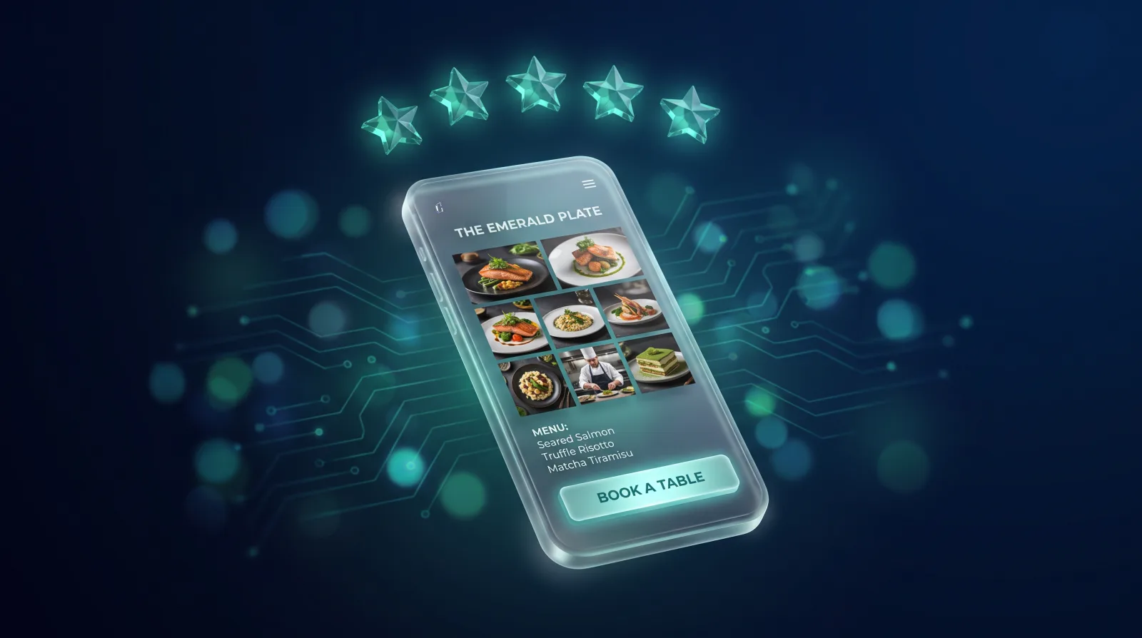 Illustration of a restaurant Google Business Profile with menu, photos and a book-a-table button