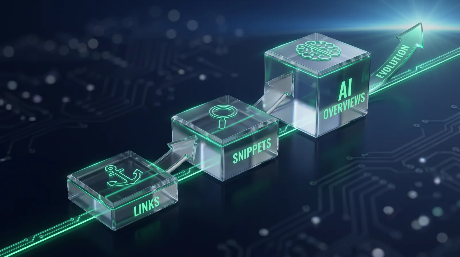 Illustration of SEO evolving from links to snippets to AI Overviews