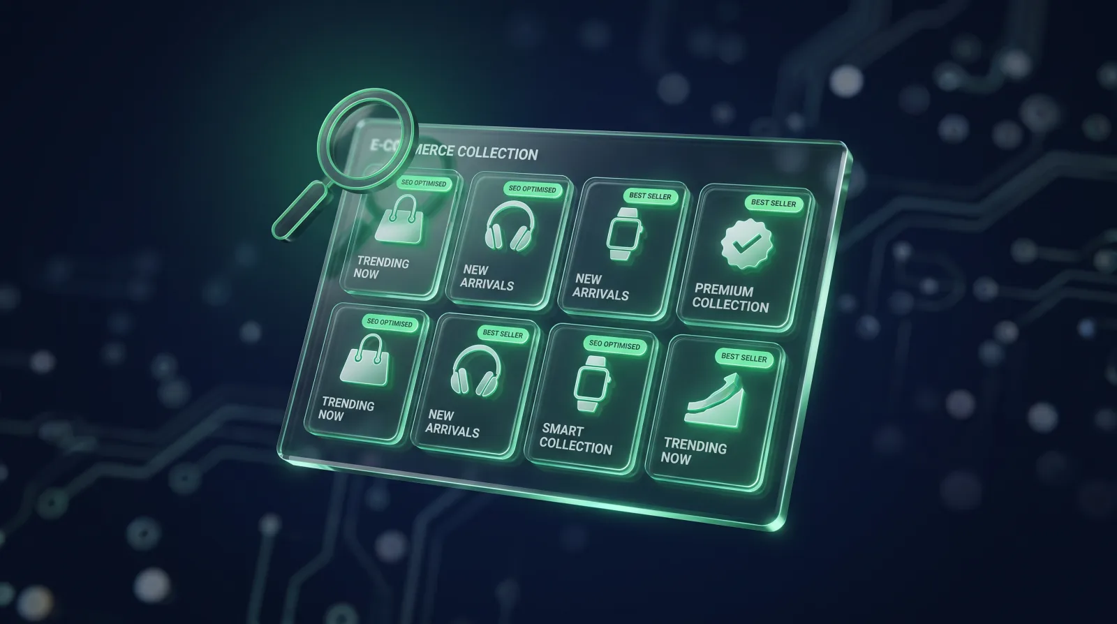 Illustration of an optimised Shopify collection page with SEO tags on product tiles