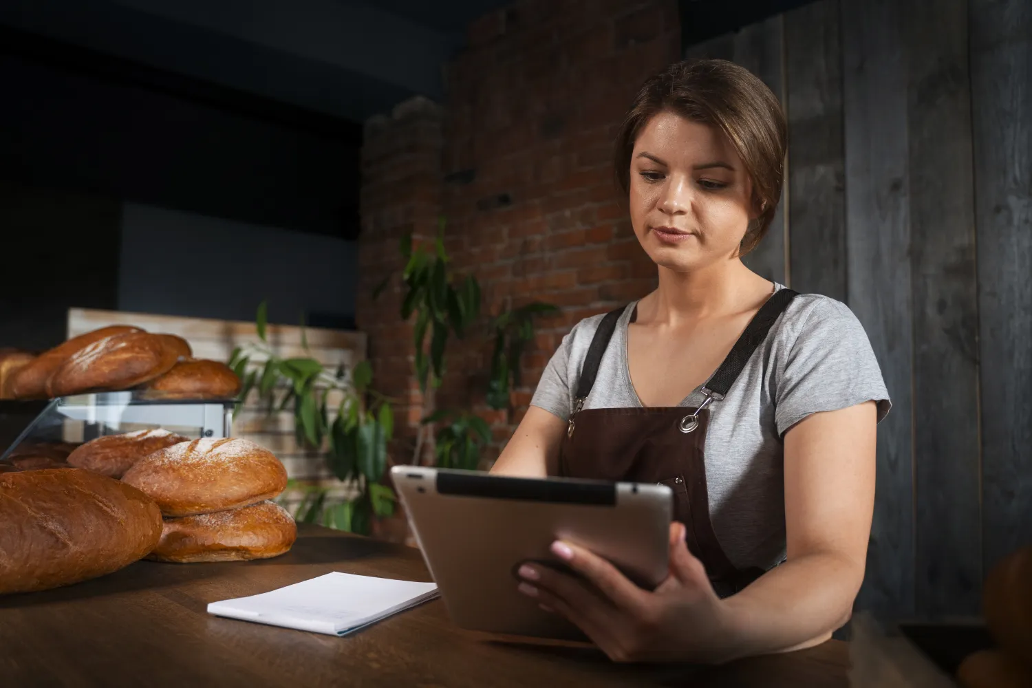 Small bakery owner managing orders on a tablet