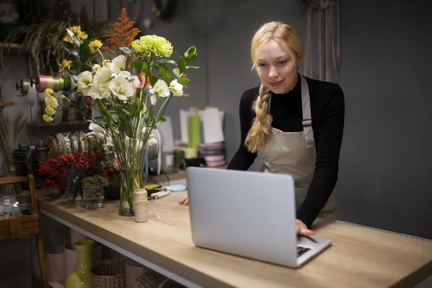 Florist running her small business on a laptop