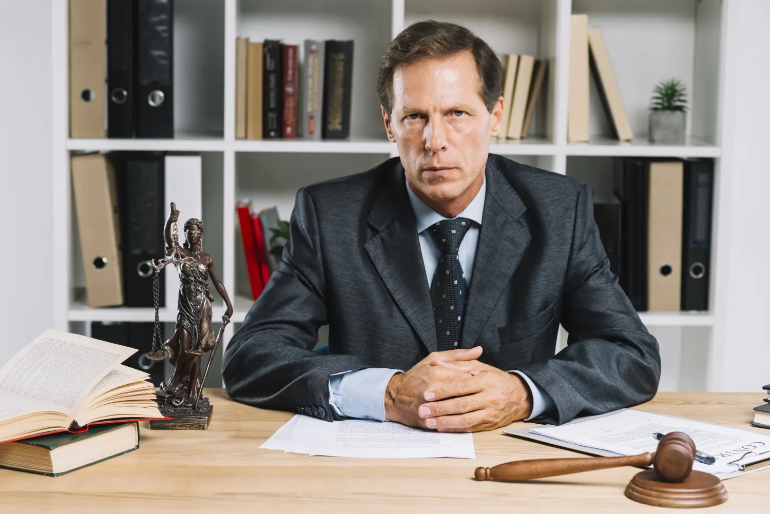 Experienced solicitor working at a desk in chambers