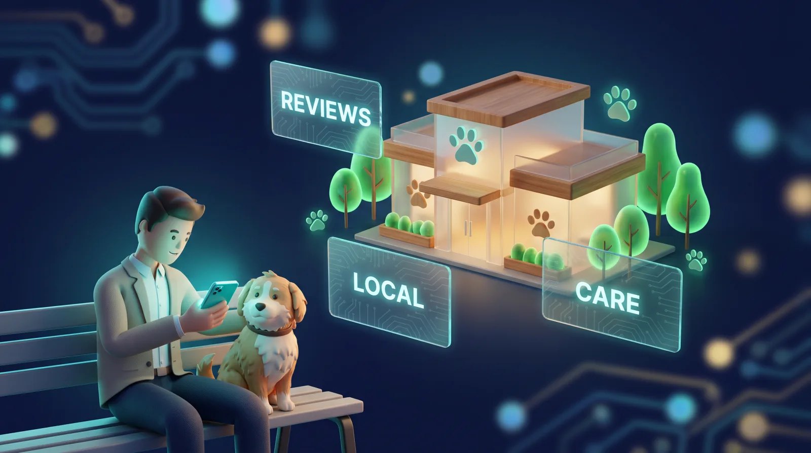 Illustration of pet owners choosing a vet on reviews, location and care