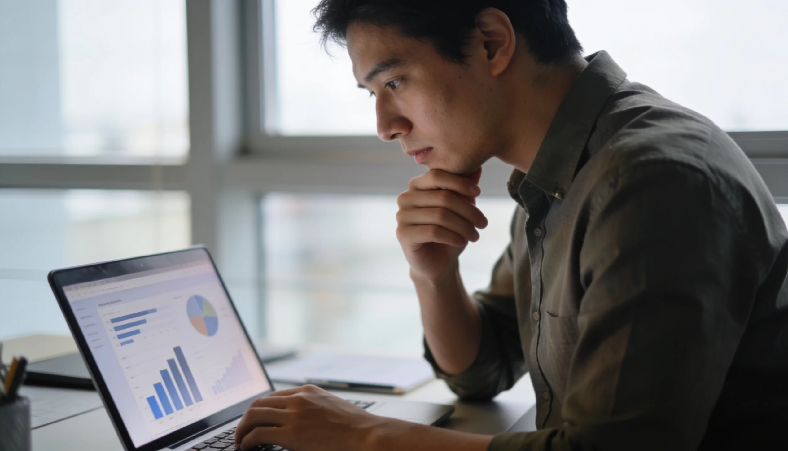 Marketing specialist reviewing SEO performance reports and keyword ranking graphs on a laptop