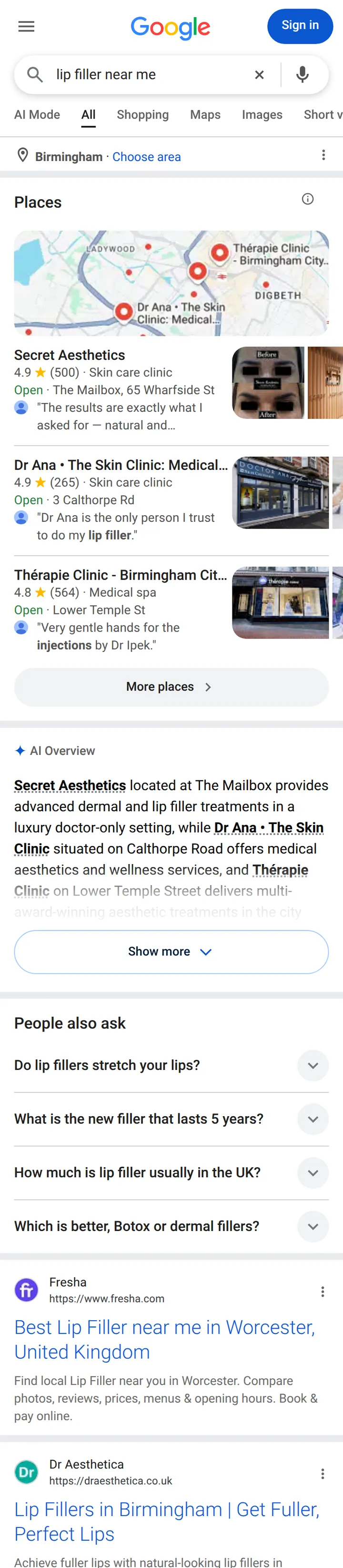 Google UK results for “lip filler near me” on a phone in Birmingham, 14 October 2026