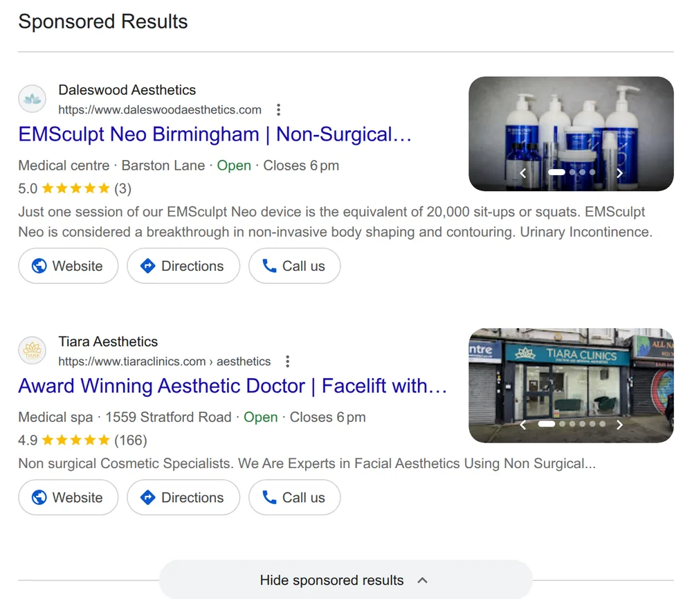Two sponsored results for “aesthetic clinic near me” on Google UK on a computer, 14 October 2026, each with a star rating and Website, Directions and Call buttons