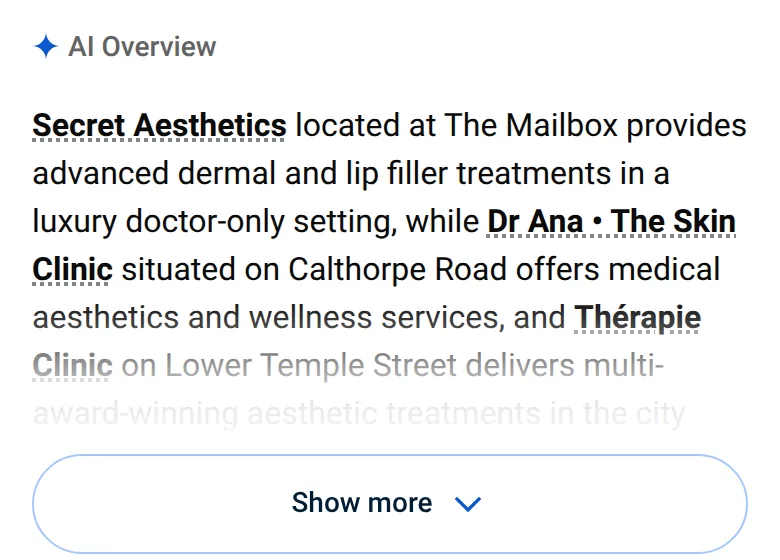 Google’s AI Overview for “lip filler near me” on a phone in Birmingham, 14 October 2026, naming three local clinics