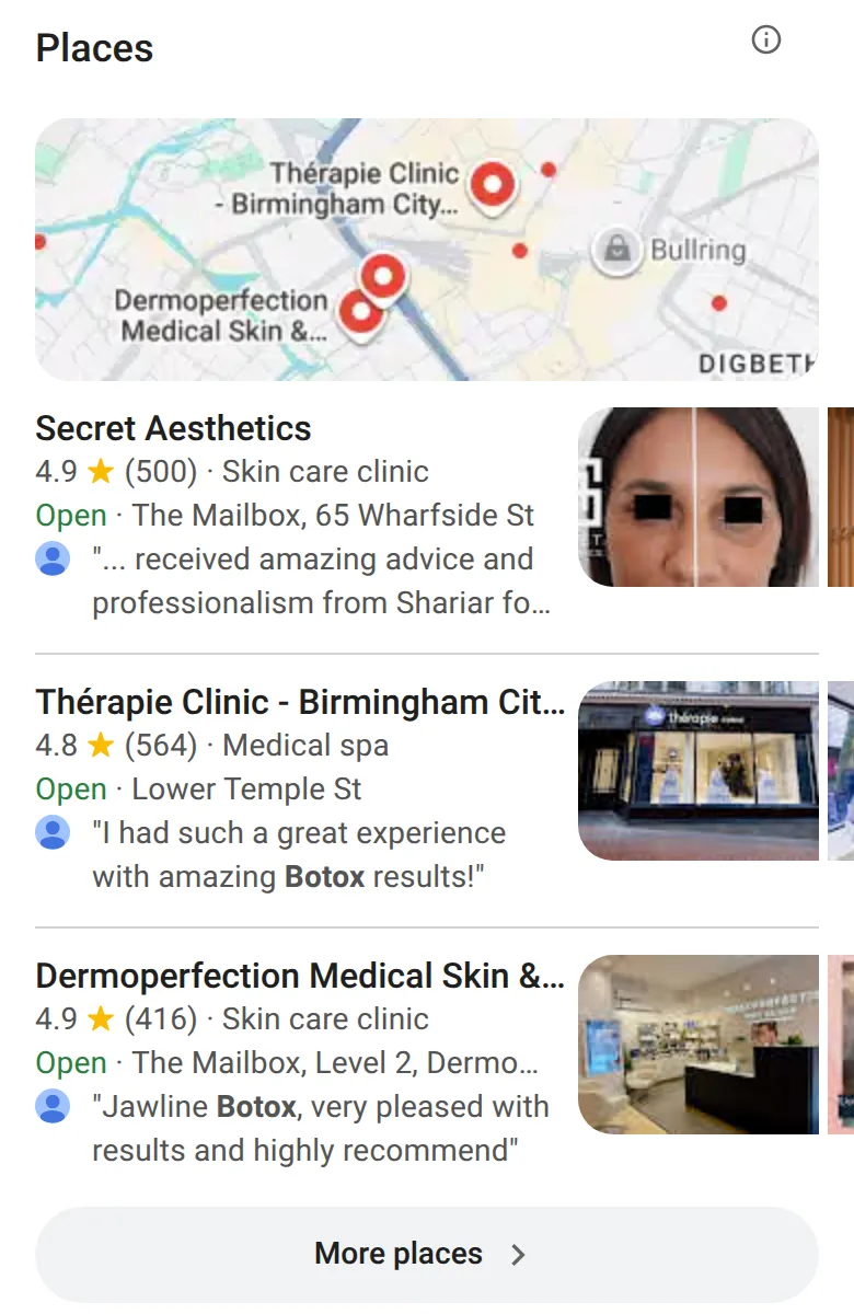 Google’s map of clinics for “botox near me” on a phone in Birmingham, 14 October 2026, with three clinics, their star ratings and a line from a review each